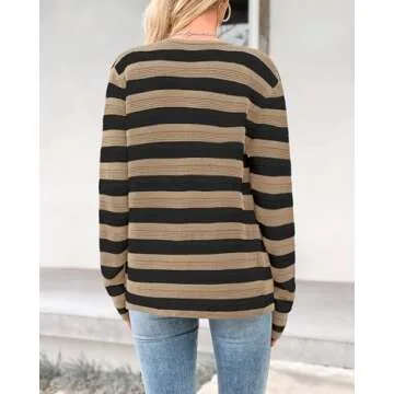BTFBM Striped Cardigan Sweaters for Women Trendy Fall 2024 Long Sleeve Button Down Lady Jacket Open Front Knit Cardigans(Khaki Black, Small)