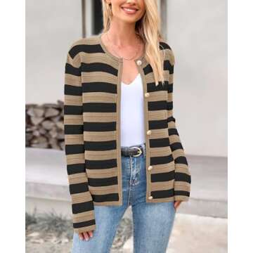 BTFBM Striped Cardigan Sweaters for Women Trendy Fall 2024 Long Sleeve Button Down Lady Jacket Open Front Knit Cardigans(Khaki Black, Small)