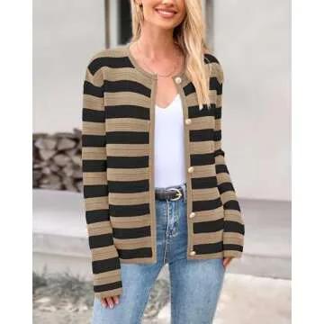 BTFBM Striped Cardigan Sweaters for Women Trendy Fall 2024 Long Sleeve Button Down Lady Jacket Open Front Knit Cardigans(Khaki Black, Small)