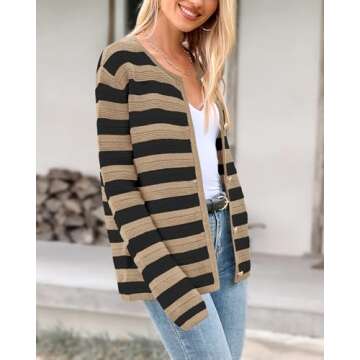 BTFBM Striped Cardigan Sweaters for Women Trendy Fall 2024 Long Sleeve Button Down Lady Jacket Open Front Knit Cardigans(Khaki Black, Small)