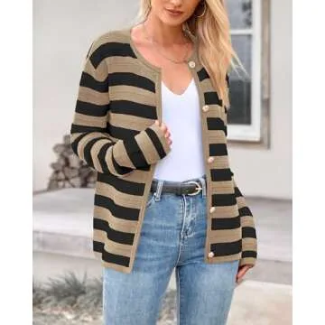 BTFBM Striped Cardigan Sweaters for Women Trendy Fall 2024 Long Sleeve Button Down Lady Jacket Open Front Knit Cardigans(Khaki Black, Small)