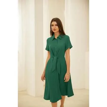 GRACE KARIN Linen Work Dresses for Women Front Tie Collared Button Shirt Dress Flowy Short Sleeve Casual Summer Dress Pockets Green L