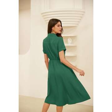 GRACE KARIN Linen Work Dresses for Women Front Tie Collared Button Shirt Dress Flowy Short Sleeve Casual Summer Dress Pockets Green L