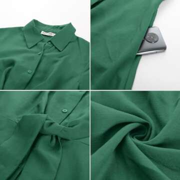 GRACE KARIN Linen Work Dresses for Women Front Tie Collared Button Shirt Dress Flowy Short Sleeve Casual Summer Dress Pockets Green L