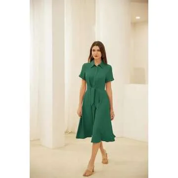 GRACE KARIN Linen Work Dresses for Women Front Tie Collared Button Shirt Dress Flowy Short Sleeve Casual Summer Dress Pockets Green L