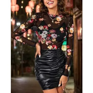 BemorRun Floral Mesh Long Sleeve Tops for Women Mock Neck See Through Fitted Sexy Going Out Top(Black Floral,XXL)