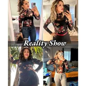 BemorRun Floral Mesh Long Sleeve Tops for Women Mock Neck See Through Fitted Sexy Going Out Top(Black Floral,XXL)