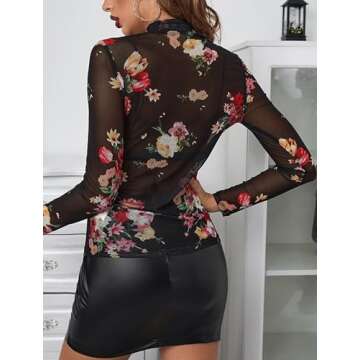 BemorRun Floral Mesh Long Sleeve Tops for Women Mock Neck See Through Fitted Sexy Going Out Top(Black Floral,XXL)