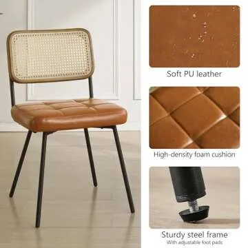 Art Leon Rattan Dining Chairs Set of 2 - Mid Century Modern Dining Room Chairs with Rattan Woven Back, Faux Leather Kitchen Chairs with Black Metal Legs, Rubber Wood Frame, Yellow Brown