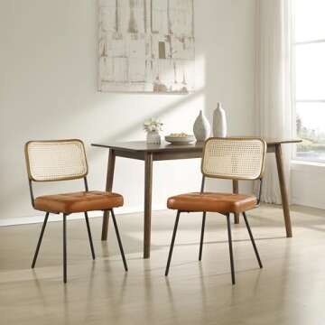 Art Leon Rattan Dining Chairs Set of 2 - Mid Century Modern Dining Room Chairs with Rattan Woven Back, Faux Leather Kitchen Chairs with Black Metal Legs, Rubber Wood Frame, Yellow Brown