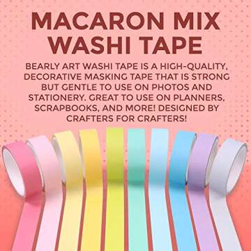 Bearly Art Washi Tape Set - Macaron Mix - 10 Pastel Colors Decorative Tape for DIY Crafts - Extra Long Rolls - Scrapbooking and Paper Crafts - 15mm Wide and 5m Long