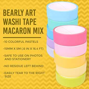 Bearly Art Washi Tape Set - Macaron Mix - 10 Pastel Colors Decorative Tape for DIY Crafts - Extra Long Rolls - Scrapbooking and Paper Crafts - 15mm Wide and 5m Long