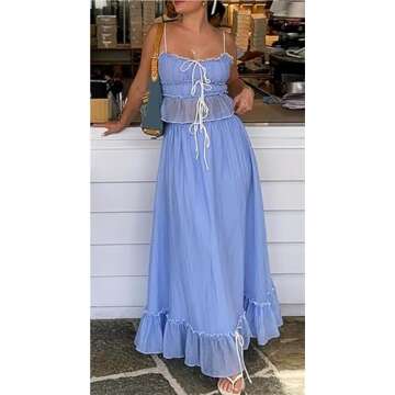 Thopavenoir Women Y2k 2 Piece Outfits Patchwork Front Tie-Up Camisoles and Ruched Ruffle Maxi Skirt Matching Set Beachwear (Blue, M)
