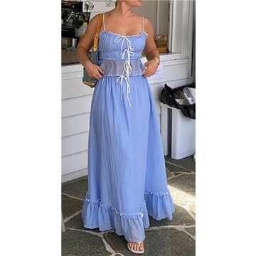 Thopavenoir Women Y2k 2 Piece Outfits Patchwork Front Tie-Up Camisoles and Ruched Ruffle Maxi Skirt Matching Set Beachwear (Blue, M)