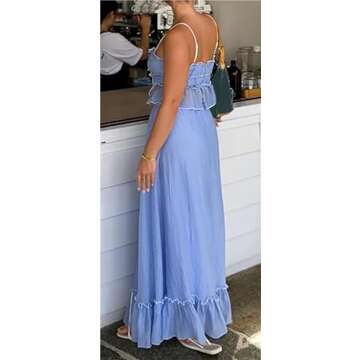 Thopavenoir Women Y2k 2 Piece Outfits Patchwork Front Tie-Up Camisoles and Ruched Ruffle Maxi Skirt Matching Set Beachwear (Blue, M)