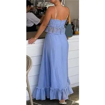 Thopavenoir Women Y2k 2 Piece Outfits Patchwork Front Tie-Up Camisoles and Ruched Ruffle Maxi Skirt Matching Set Beachwear (Blue, M)