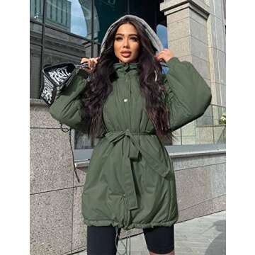 PRETTYGARDEN Women's 2023 Hooded Puffer Jackets Long Sleeve Button Down Belted Warm Winter Trench Co...