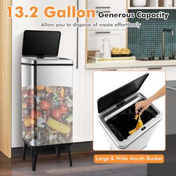 S AFSTAR 13.2 Gal Kitchen Trash Can, Motion Sensor Garbage Can W/Detachable Legs, Intelligent Induct...