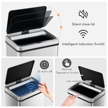 S AFSTAR 13.2 Gal Kitchen Trash Can, Motion Sensor Garbage Can W/Detachable Legs, Intelligent Induction Switch, Silent ABS Lid, Automatic Stainless Steel Trash Bin for Bathroom Bedroom Office (Silver)