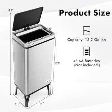 S AFSTAR 13.2 Gal Kitchen Trash Can, Motion Sensor Garbage Can W/Detachable Legs, Intelligent Induction Switch, Silent ABS Lid, Automatic Stainless Steel Trash Bin for Bathroom Bedroom Office (Silver)