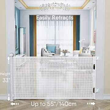 Punch-Free Retractable Baby Gates, BabyBond 33 * 55 inches Extra Wide Baby Gate for Stairs Suitable for Kids or Pets Indoor and Outdoor Dog Gates for Doorways, Stairs, Hallways, White BB1003