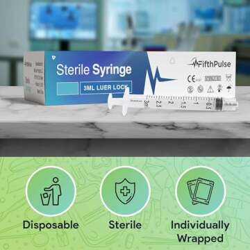 3 ml Syringe without Needle - 5 Pack of Individually Wrapped Disposable Syringes - Good for Medical, Scientific Lab, Home Use, and More - Sterile Luer Lock Syringes