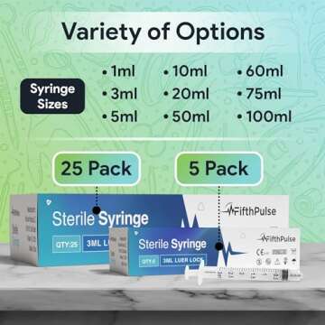 3 ml Syringe without Needle - 5 Pack of Individually Wrapped Disposable Syringes - Good for Medical, Scientific Lab, Home Use, and More - Sterile Luer Lock Syringes