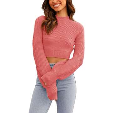 GeGekoko Womens Mock Neck Knit Cropped Sweaters Puff Sleeve Trendy Fall Ribbed Pullover Pink