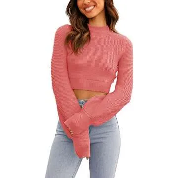 GeGekoko Womens Mock Neck Knit Cropped Sweaters Puff Sleeve Trendy Fall Ribbed Pullover Pink