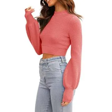 GeGekoko Womens Mock Neck Knit Cropped Sweaters Puff Sleeve Trendy Fall Ribbed Pullover Pink
