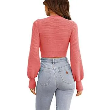 GeGekoko Womens Mock Neck Knit Cropped Sweaters Puff Sleeve Trendy Fall Ribbed Pullover Pink