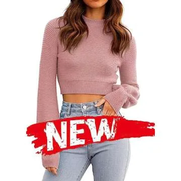 GeGekoko Womens Mock Neck Knit Cropped Sweaters Puff Sleeve Trendy Fall Ribbed Pullover Pink