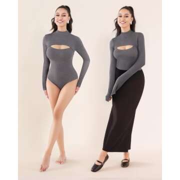 MANGOPOP Bodysuits for Women Mock Neck Cutout Front Long Sleeve Tops(Dark Heather Grey L)