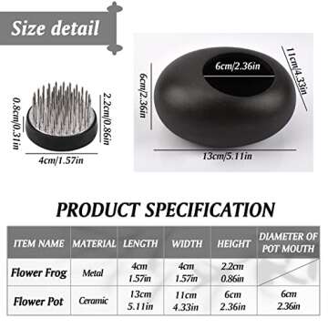 WANDIC Ikebana Flower Arrangement Vase Kit, Black Pebble Ceramic Planter Pot with 4cm Kenzan Flower ...