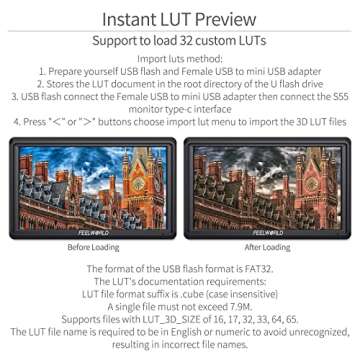 FEELWORLD S55 6 inch Camera DSLR Field Monitor Small Full HD 1920x1080 IPS LUT Video Peaking Focus Assist with 4K HDMI 8.4V DC Input Output Professional Video Accessories