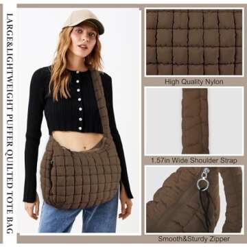 Quilted Puffer Tote Bag for Women,Large Puffy Crossbody Shoulder Bag Lightweight Nylon Hobo Bag with Zipper,Purse Puffy Quilted Carryall Bag Soft Oversized Padding Handbag for Daily Travel(Brown)