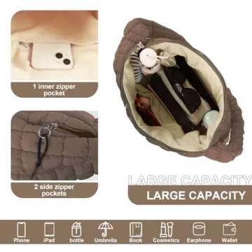 Quilted Puffer Tote Bag for Women,Large Puffy Crossbody Shoulder Bag Lightweight Nylon Hobo Bag with Zipper,Purse Puffy Quilted Carryall Bag Soft Oversized Padding Handbag for Daily Travel(Brown)