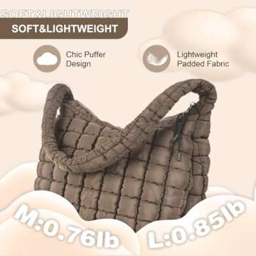 Quilted Puffer Tote Bag for Women,Large Puffy Crossbody Shoulder Bag Lightweight Nylon Hobo Bag with Zipper,Purse Puffy Quilted Carryall Bag Soft Oversized Padding Handbag for Daily Travel(Brown)