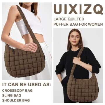 Quilted Puffer Tote Bag for Women,Large Puffy Crossbody Shoulder Bag Lightweight Nylon Hobo Bag with Zipper,Purse Puffy Quilted Carryall Bag Soft Oversized Padding Handbag for Daily Travel(Brown)