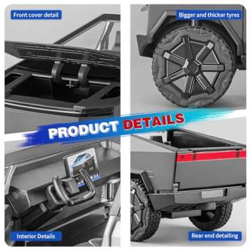 SUVABE Cybertruck Toy Trucks Police Cars Cybertquad Alloy Die-cast Truck 1/32 Toy Cars Race with Sound and Light (Grey)