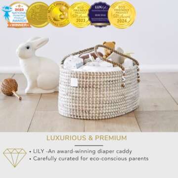 BEBE BASK Premium Baby Diaper Caddy Organizer - Handmade - Seagrass Basket With Cotton Divider - Award-Winning & Luxury Diaper Caddy Basket - White (NATURAL)