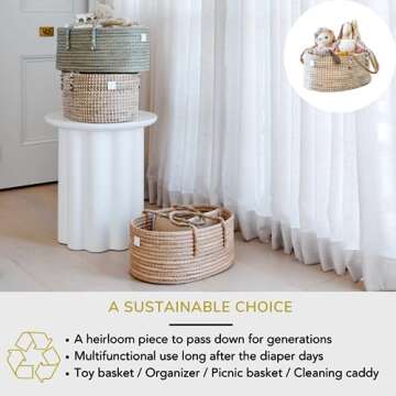 BEBE BASK Premium Baby Diaper Caddy Organizer - Handmade - Seagrass Basket With Cotton Divider - Award-Winning & Luxury Diaper Caddy Basket - White (NATURAL)