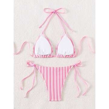 Falainetee Women's Striped Printed Bathing Suit Colorblock Textured Pattern Swimsuit Bikini Set Pink...