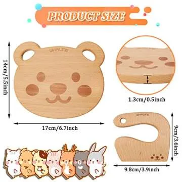 Whaline Wooden Kids Knife Set Cute Bear Wooden Cutting Board and Safe Wooden Kids Knife Natural Thic...
