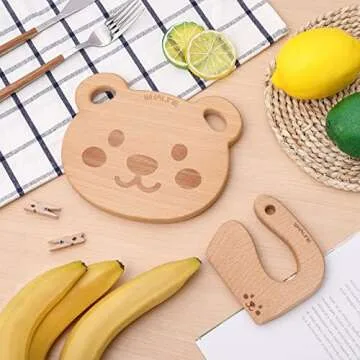 Whaline Wooden Kids Knife Set Cute Bear Wooden Cutting Board and Safe Wooden Kids Knife Natural Thick Montessori Knife for Kids Toddlers Kitchen Tools Vegetable and Fruit Cutter Cooking, 2Pcs