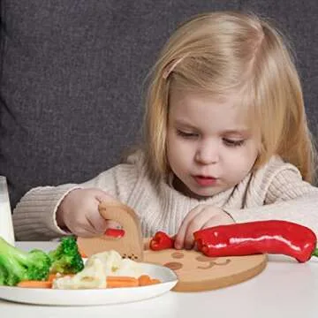 Whaline Wooden Kids Knife Set Cute Bear Wooden Cutting Board and Safe Wooden Kids Knife Natural Thick Montessori Knife for Kids Toddlers Kitchen Tools Vegetable and Fruit Cutter Cooking, 2Pcs