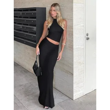 REORIA Women's High Waisted Fold Over Maxi Skirt