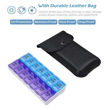 VOFOON Travel Pill Organizer 2 Times a Day, PU Leather Portable Pill Case for Women/Men, 7 Day AM PM Pill Box with Travel Pouch Medicine Organizer for Vitamins Medicine Fish Oils Supplements (Small)