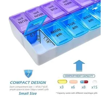 VOFOON Travel Pill Organizer 2 Times a Day, PU Leather Portable Pill Case for Women/Men, 7 Day AM PM Pill Box with Travel Pouch Medicine Organizer for Vitamins Medicine Fish Oils Supplements (Small)