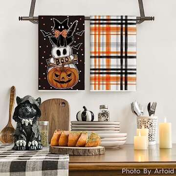 Artoid Mode Ghost Pumpkin Cat Boo Buffalo Plaid Orange Black Halloween Kitchen Towels Dish Towels, 1...